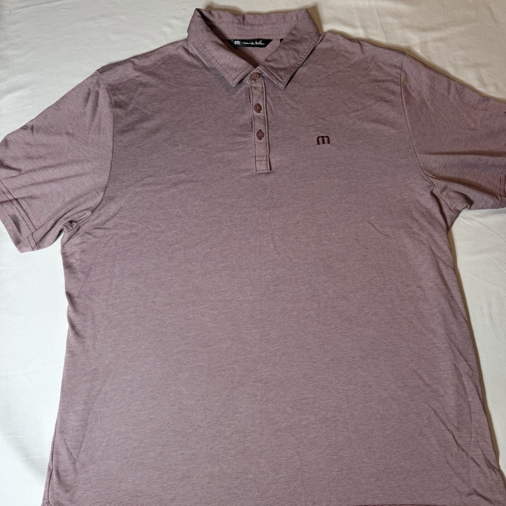 TravisMathew Mens XL Polo Shirt Mauve Micro Stripe Raven Phoenix Logo Golf Top